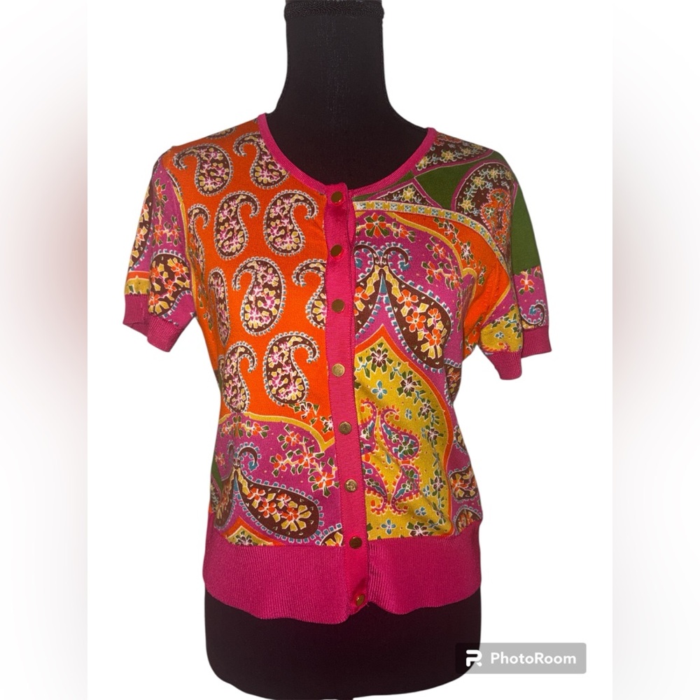 Peter Nygard Paisley Short Sleeve Sweater SM Petite